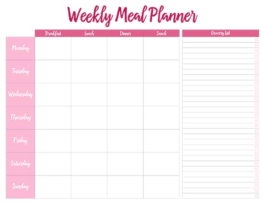 weekly meal planning template with grocery list horizontal