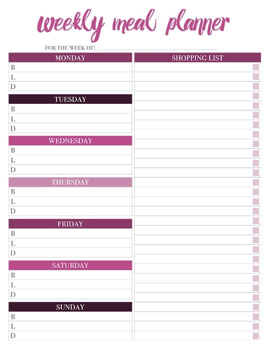 weekly meal planning template with grocery list