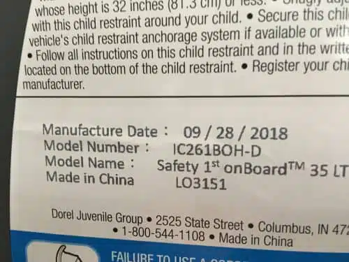 label showing where to find safety 1st car seat expiration date from date of manufacture